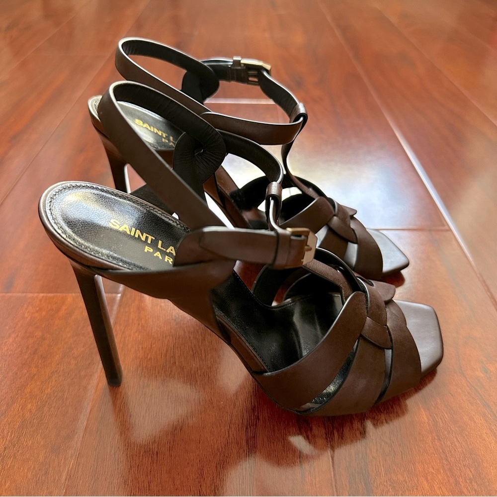 Saint Laurent Tribute Toffee Brown Woven Calf Leather High Heeled Sandals - Picture 8 of 15